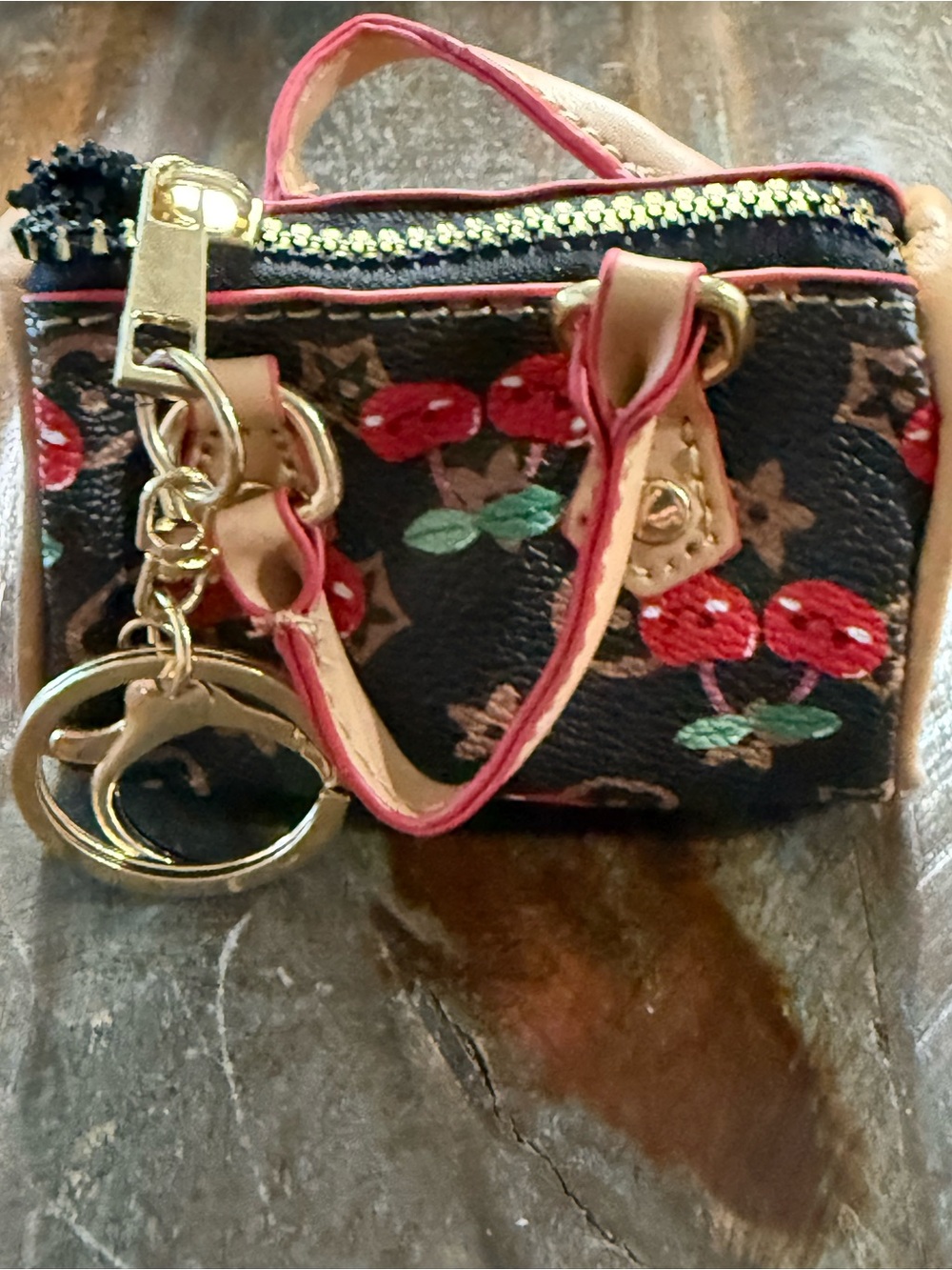 Cherry Print Mini Satchel Bag Charm Coin Pouch Crossbody Keychain Brown NWOT
